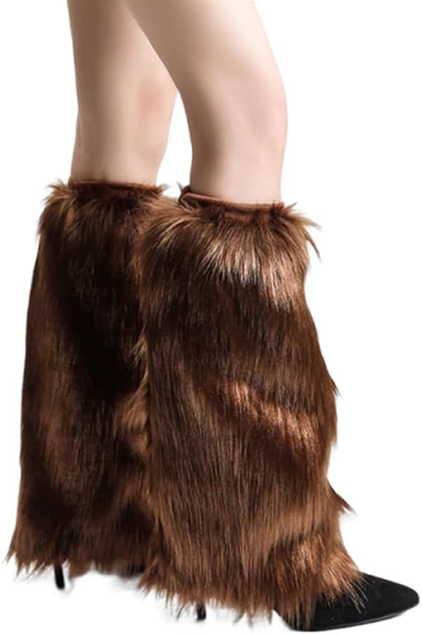 Faux Fur Legvarmere til kvinder, 30 cm lange fluffy benvarmere over knæet, bløde varme vinterstøvlemanchetter til efterår og vinter, brun