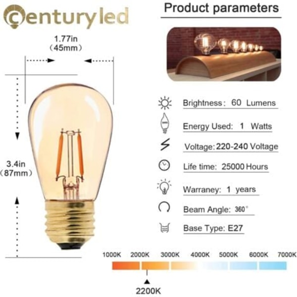 TS-LED E27 Vintage Pære, ST45 Faciles à 1W=10W Glødepærer, Super Varm Hvid 2200 K E27 Medium Base Pære Sengelampe, Gylden i Ve