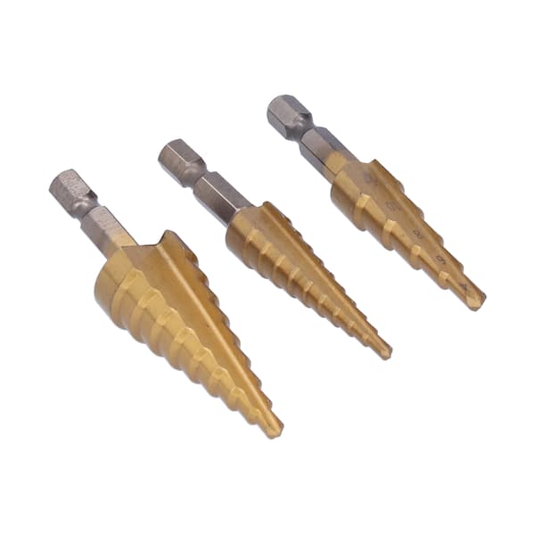 3pcs Titanium Coated Step Drill Bit Set Hex Shank Straight Flute Sizes 3-12 4-12 4-20