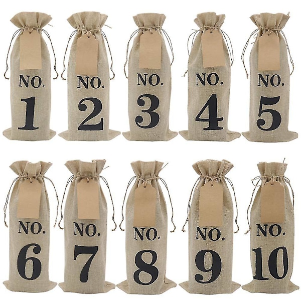 10 st Jute Vinpåsar med Etiketter för Blindprovning, Numrerade Hessian Tyg Vinflaskor Presentpåsar