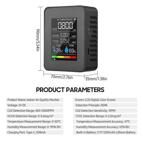 5-i-1 CO2-måler 400-5000 PPM Sensor Kuldioxid Detektor Luftkvalitetsmåler jy White