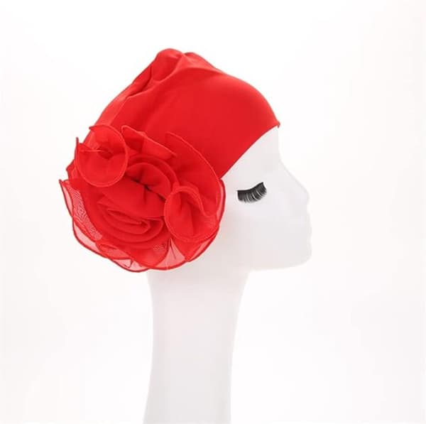 Dam Blommig Chemo Turban Mössa Mjuk Stretch Polyester Huvudduk Cancer Mössa för Håravfall Sovmössa Röd