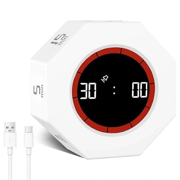 Digital Produktivitets Timer, Roterende Pomodoro Timer med 1-3-5-15-30-60-90 Min Nedtælling, til Studier Hvid