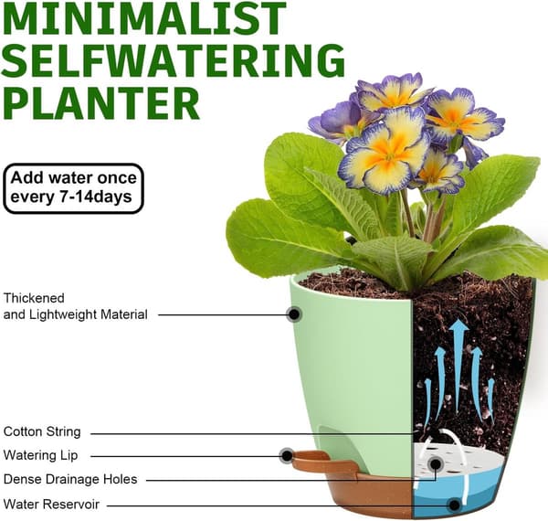 Selvvandende plantepotter sæt med 5, PP-plast med dræning og underskåle, til indendørs og udendørs planter, grøn, 12,7 til 17,8 cm