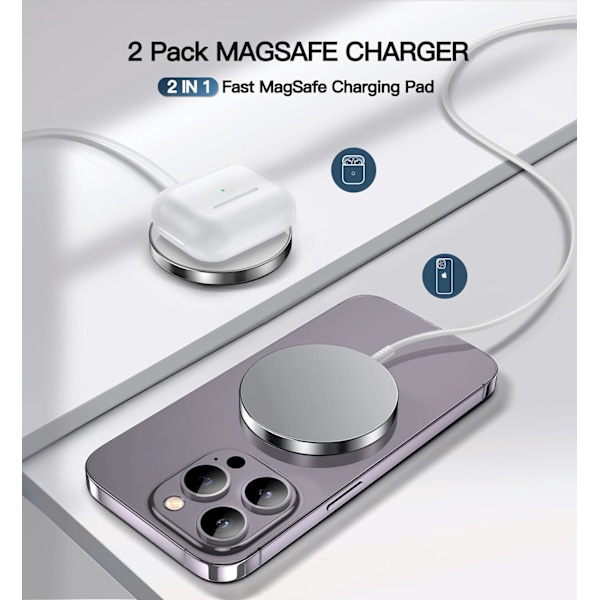 15W Magnetisk Trådløs Oplader til iPhone 15/14/13/12 Serien | Hurtig Opladningsplade til AirPods 3/2/ Pro 2 | Original Mag-Safe Erstatning
