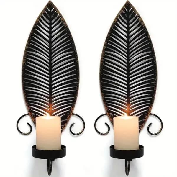 2-pack Metal Wall Sconces – Rustic Table & Wall Decoration without Candles with Leaf Pattern for Home