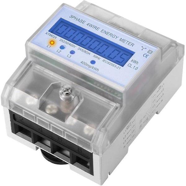 Trefaset elmåler Elektricitetsmåler Kalibreret energimåler Elektrisk måler LCD Digital Trefaset 4-leder 5-100A 4P KWh Elforbrug