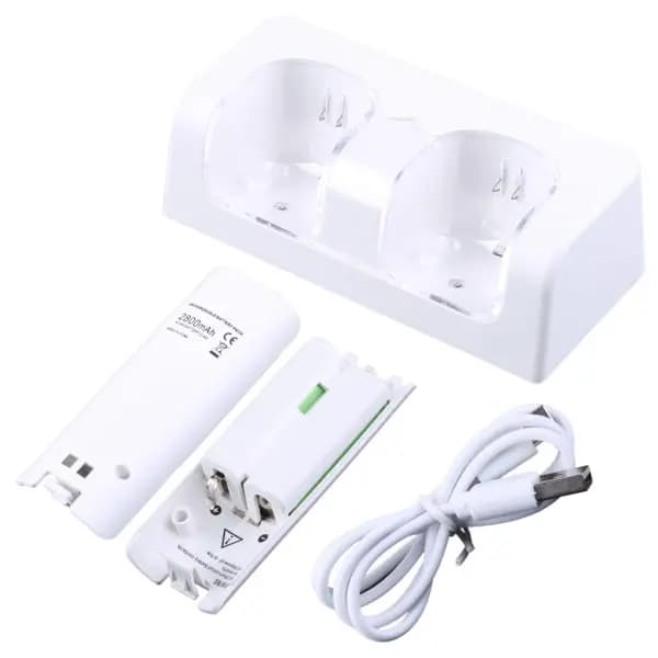 Fjernkontroll dobbel ladestasjon + 2 batterier for Wii Gamepad, lader med LED-lys hvit