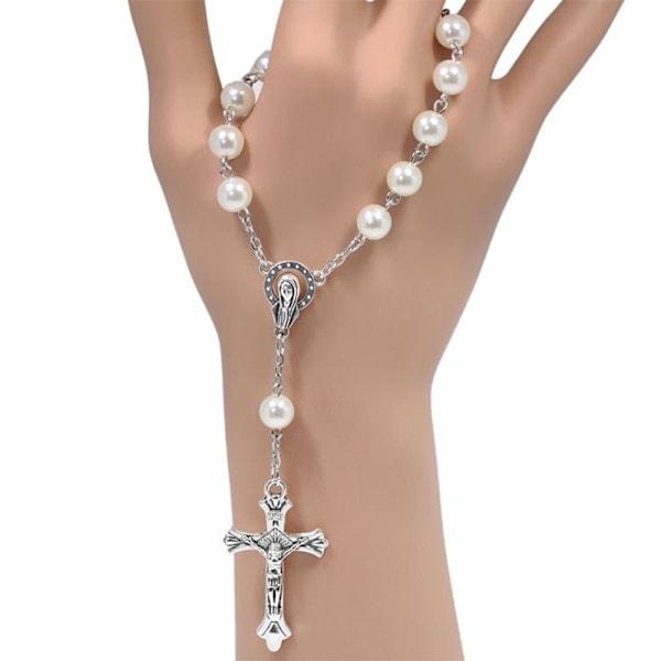 Katolsk rosenkrans armband vitt imitationspärla Kristus kors Jesus Vår Fru armband krucifix gudomlig barmhärtighet gåva