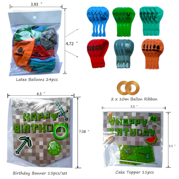Nya Minecraft födelsedagsflagga, tårta, kort, ballongset, pixelspel, festdekoration