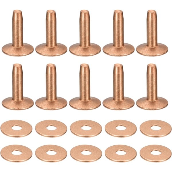 10 set kopparnitar och brickor, 10x3,3x14mm solida lädernitar i koppar för läder DIY hantverkstillbehör, kopparton