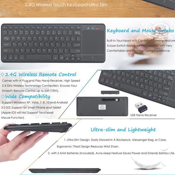 2.4G Trådløst Tastatur Med Touchpad, 78 Taster, Stille ABS Design, Til Windows Bærbare Computere Og TV'er, Sort, 36.7 x 12.3 x 2 cm