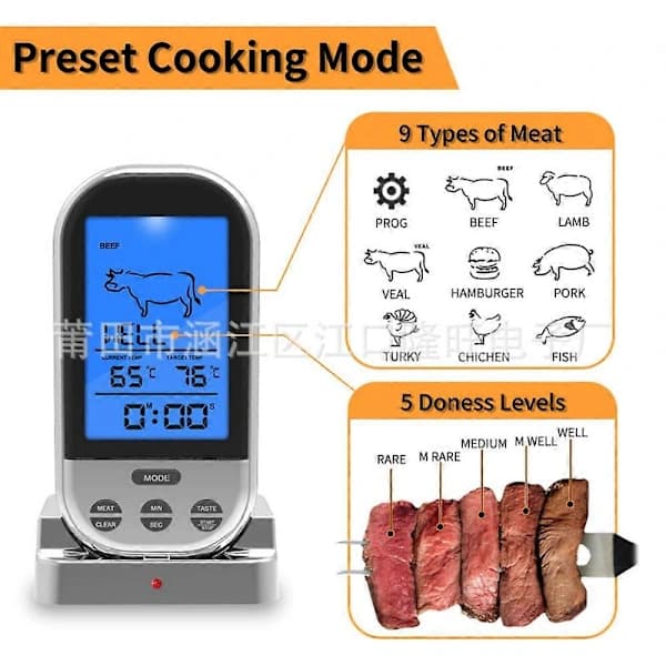 Trådløst grilltermometer med digitalt LCD-display, dobbelt probe til grillkøkken, 8 kødindstillinger