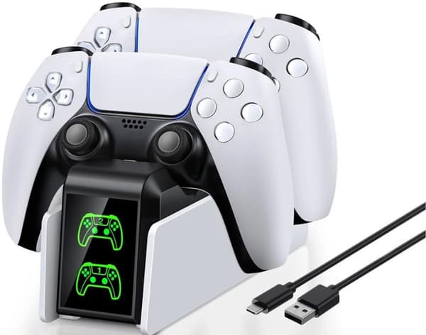 PS5 Controller Opladningsdock, Dobbelt Hurtigoplader med LED-indikator og Opbevaringsstander til Sony PlayStation 5, Hvid Sort