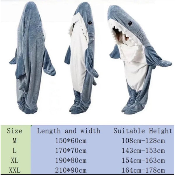 Hyggelig Flanell Haj Onesie til Voksne & Børn, Hajdragt Sovdragt Størrelse L (Passer 143cm-153cm)