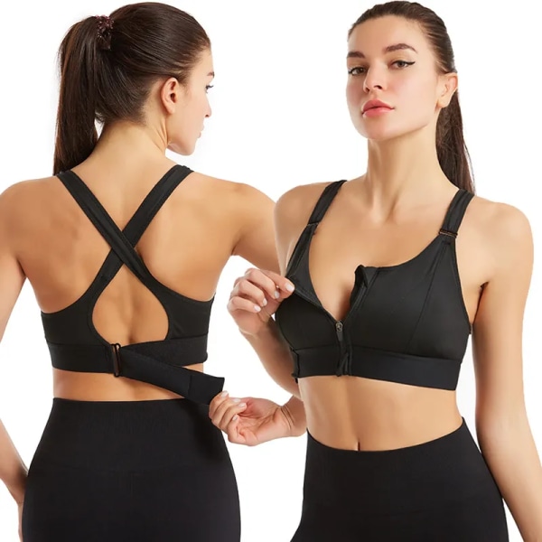 Sport-BH för kvinnor samlad utan stålring Justerbart bälte Fram Dragkedja Yoga Löparväst Stötsäkra underkläder Plus Size XL Black