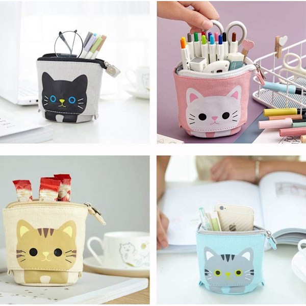 Teleskopiskt pennfodral i canvas, sött kattmönstrat pennskrin, kawaii pennfodral för pojkar, flickor, studenter och kontorsmaterial