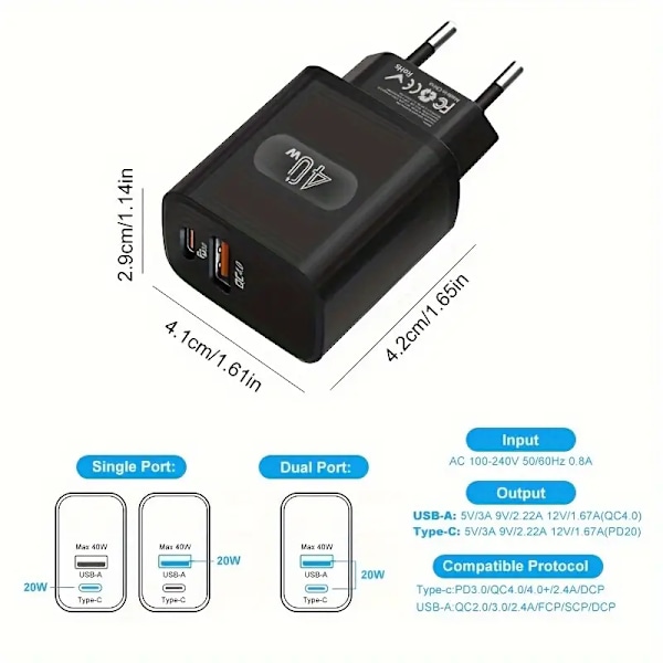 40W Kaksiporttinen USB-C Seinälaturi PD 3.0 & QC 4.0:llä, Nopea Latausvirtalähde vit