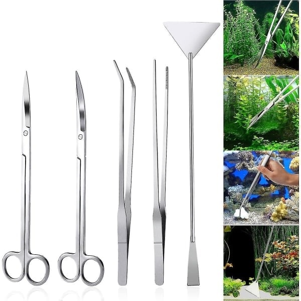 Akvarie Aquascaping Kit 5-i-1 Rostfritt Stål Akvarium Tank Set Tång Sax Spatel