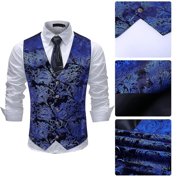 Herr kostymväst V-ringad printed Business Casual Guld Silver Väst 6 färger Blue 2XL