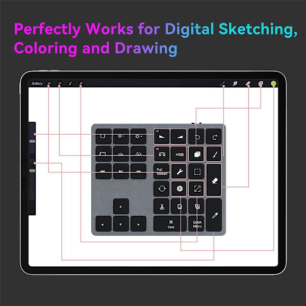 TS-Bluetooth-näppäimistö taustavalaistulla Procreate-numeronäppäimistöllä, ladattava näppäimistö piirustus-oikoteitä varten Grapille