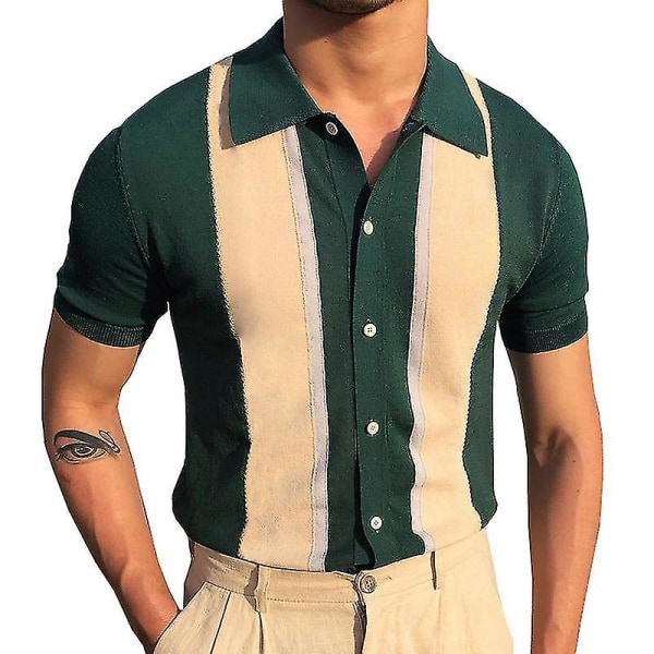 Kortärmad stickad herrskjorta Vintage Stripe Lapel Collar Polo Shirt XL