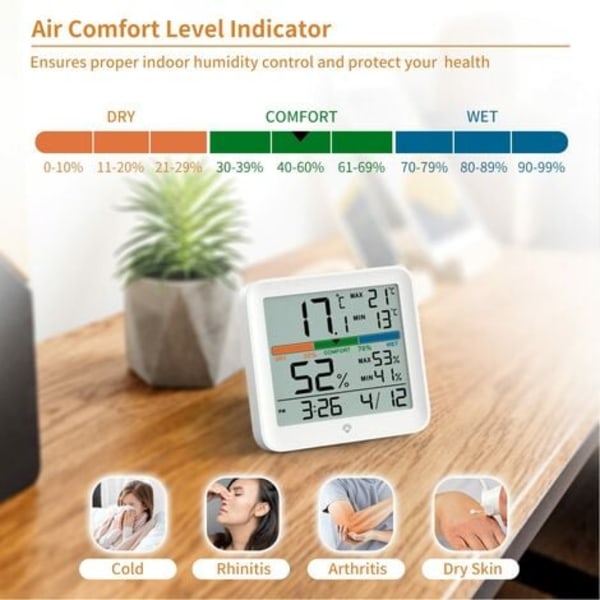 TS-Hygrometer Indendørs Termometer - Digital Fugtighed Fugtighedsmåler Præcis Temperatur Monitor MAX / MIN Registreringer, LCD Baggrundslys Ur, l'