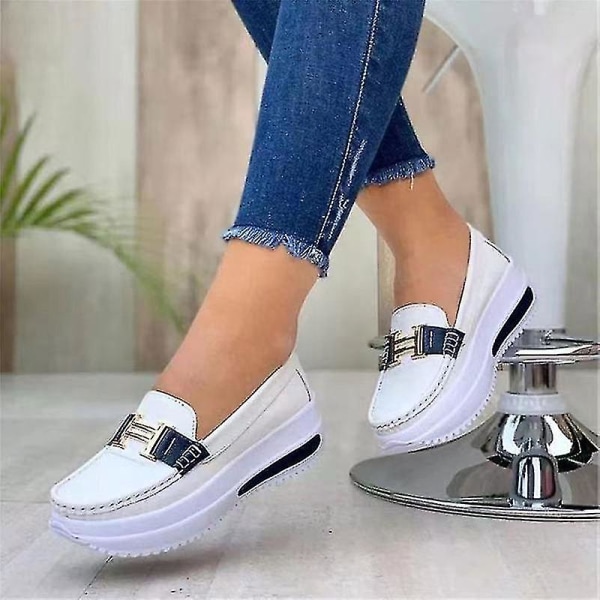 Bekväma plattform Loafers för kvinnor Casual Flat Pu Walking Skor Vintage White 36