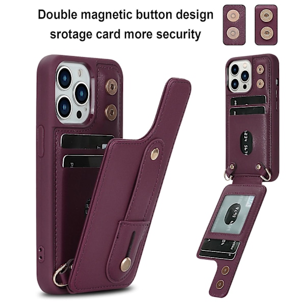 Telefonveske med kortholder, armbånd, kickstand for iPhone 12/12 Pro - PU-lær + TPU-deksel Wine Red