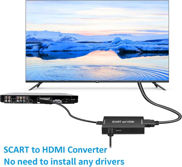 Scart til HDMI-omformer, Scart til HDMI-adapter, video- og lydomformer, Plug & Play, Scart til HDMI-omformer for dekoder, Xbox, PS3