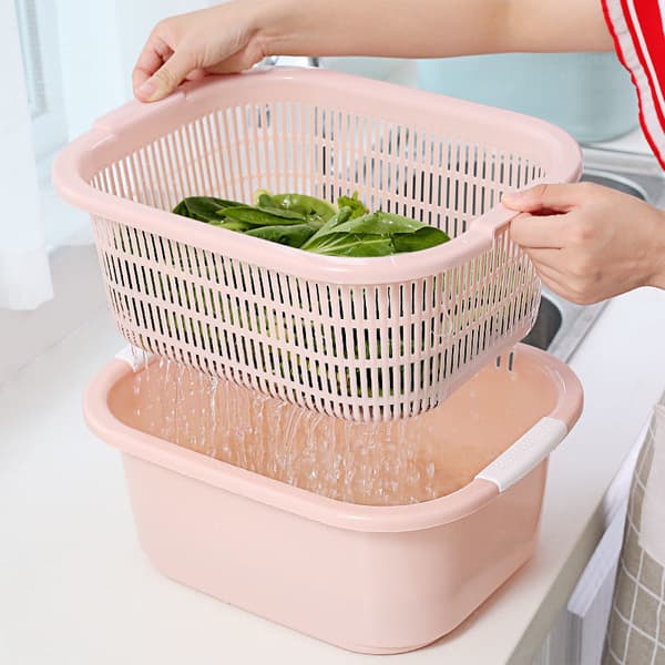 Double-Layer Multifunctional Vegetable Washing Bowl with Drain Basket - Thickened Large Plastic Kitchen Colander for Fruits & Vegetables Pink