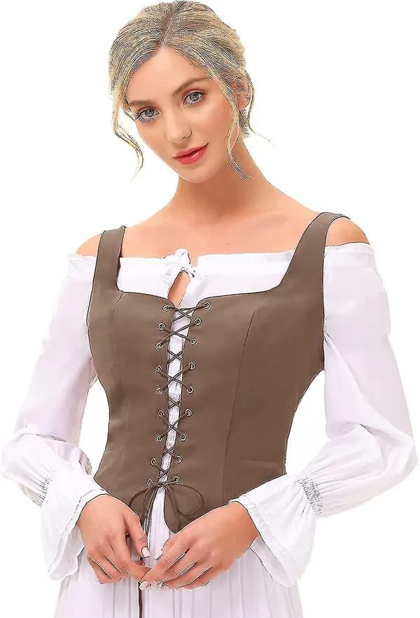 Piratinspireret renæssancevest til damer, cosplay-kostume, bondelivstykke, kaffe Medium Coffee Medium