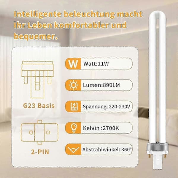 G23 CFL-glödlampor 11W energibesparande 2700K varmvit 890lm 2-stift för hembelysning 2-pack
