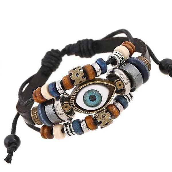 Boheme Gypsy Hippie Design Læderarmbånd Øje Multilags Justerbart Til Mænd Kvinder Mode Smykker BX118-Sort