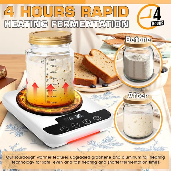 Surdeigsstarter varmematte, presis 1°F temperaturkontroll, 12-timers timer og minne, for brød, yoghurt og pizzadeig, hvit
