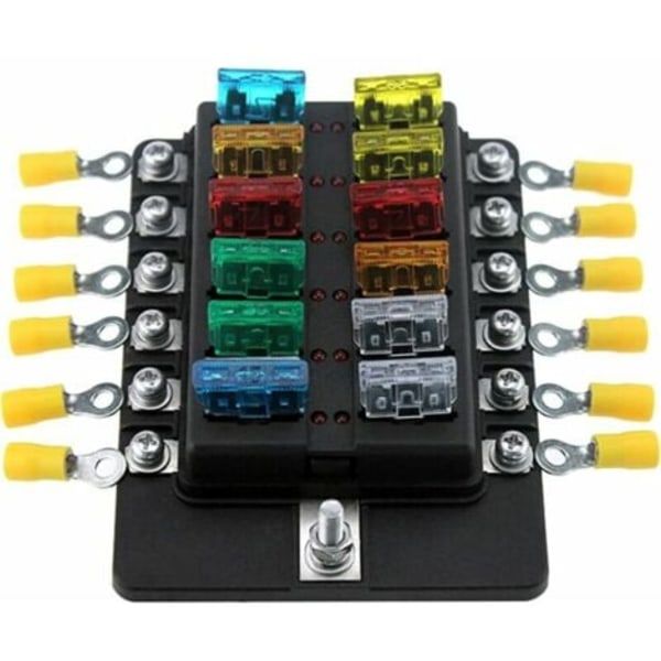 12-vejs sikringsboks med LED - Inkluderer 10 sikringer og terminaler - Velegnet til båd, campingvogn, marine, 12V og 24V