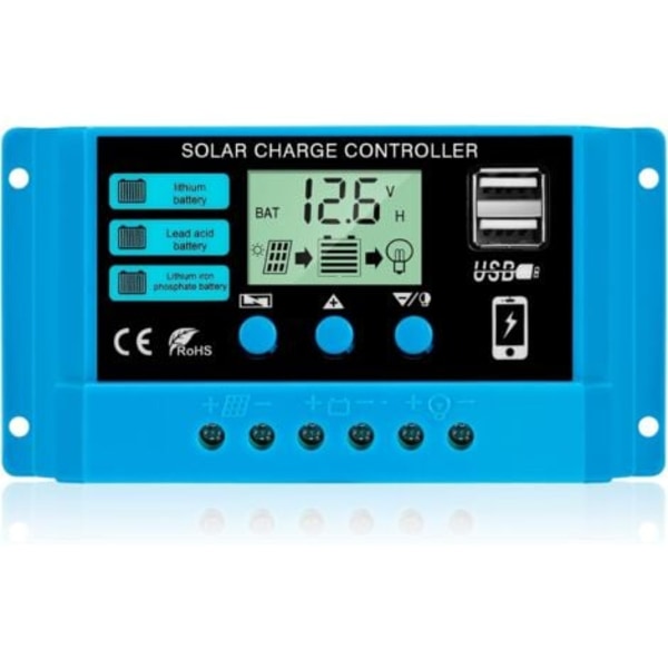 TS-Ladecontroller 30A 12V/24V Intelligent Solpanel Laderregulator med LCD-skærm og 5V/3A USB-port Egnet til Forskellige Typer af