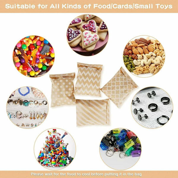 100-pack Kraftpapperspåsar för Godis, Kakor, Snacks, Buffé, Livsmedelsförpackning, 4 Olika Stilar Utan Vax Godispåsar Festtillbehör 13 x 18 CM