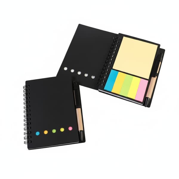 Spiralnotesbog med sticky notes og pen, selvklæbende memoblok med faneblade, bærbar notesbog til studie og arbejde, sort Dark black
