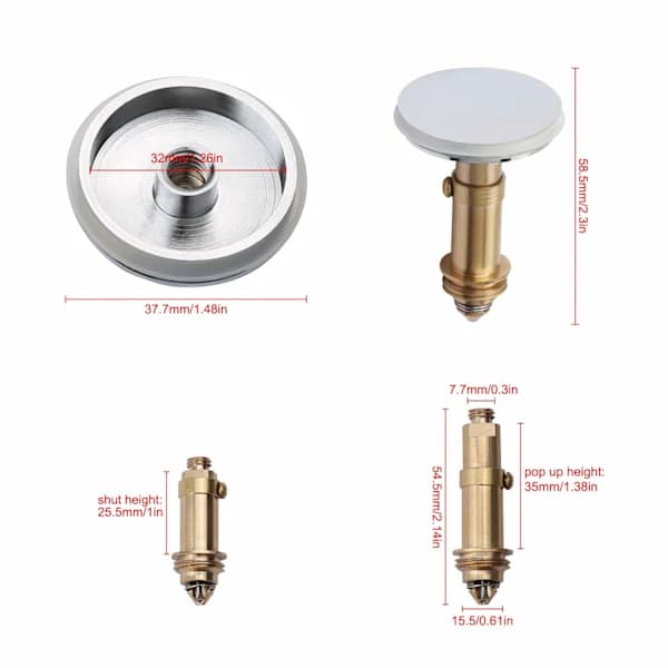 Pop-up avløp for vask, bad, servant, badekar, massiv forkrommet messing, 38 mm