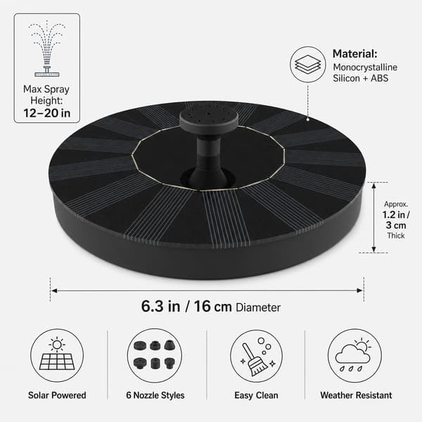 Solar Vandfontæne Flydende Pumpe til Have Fuglebad, Sort, 1 Stk 16cm round