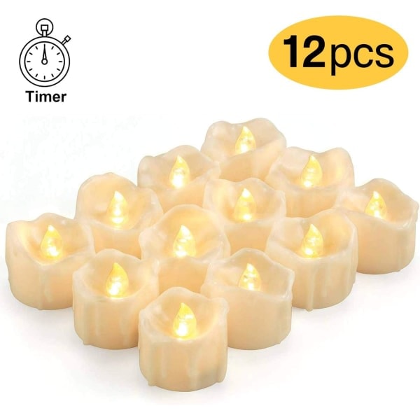 LED-ljus med timer, 12 LED-te-ljus, flamlösa ljus, äkta gnistrande vax elektriska ljus med CR2032-batterier, varmvitt