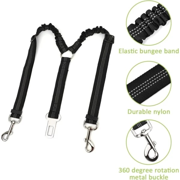 Dubbelt säkerhetsbälte för husdjur, justerbart med elastisk bungee