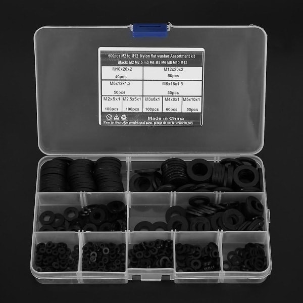 600 st Svarta Nylonbrickor i Blandade Storlekar - M2 M2.5 M3 M4 M5 M6 M8 M10 M12