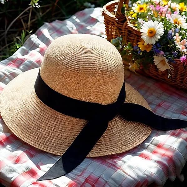 Solhatte til kvinder, åndbar stråstrandhat med sort bånd, bred skygge solbeskyttelse til sommerferie og udendørs, pink