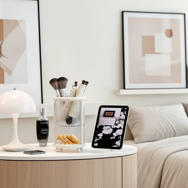 Makeupbørste Organizer, 2-lags Roterende Opbevaringsholder til Kosmetik og Svampe White