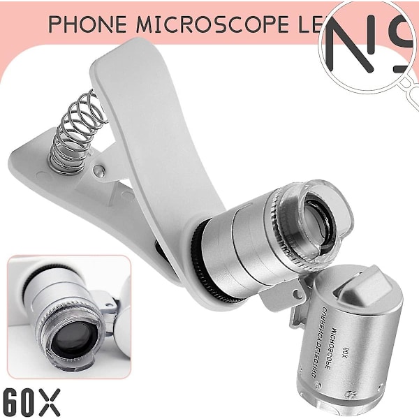 60x Clip-on Mikroskopforstørrelsesglas med LED-lys Smykkelup til iPhone, Samsung og flere mobiler (universel)