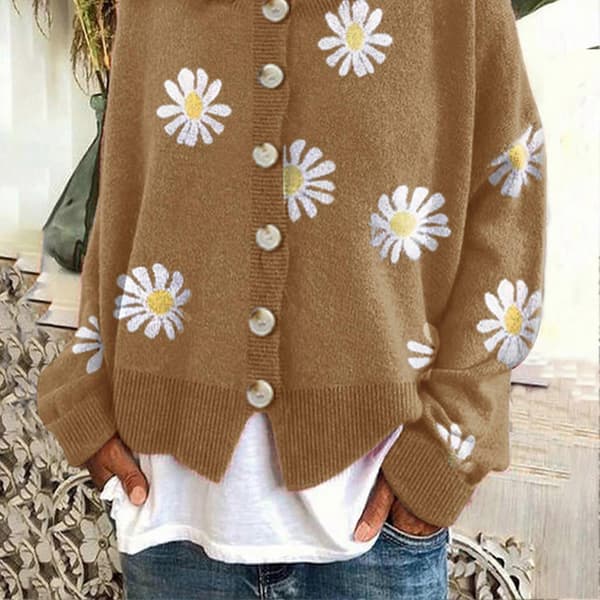 Daisy Pattern Stickad Tröja för Kvinnor, Knappdetaljer, Rund Hals och Lös Passform