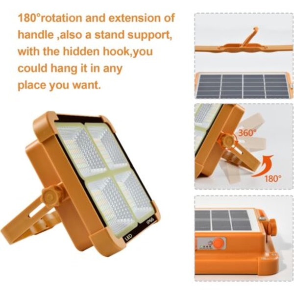 100W Genopladelig LED Projektør 10000LM, Bærbar Arbejdslampe Lygte med Solpanel, 6500mAh USB Genopladelig Lampe, til Camping, osv.