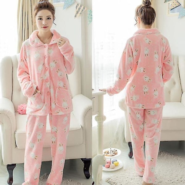 Höst- och vinterflanellpyjamas för damer, varm pyjamas med cardigan som kan bäras utanför hemmet, klädset